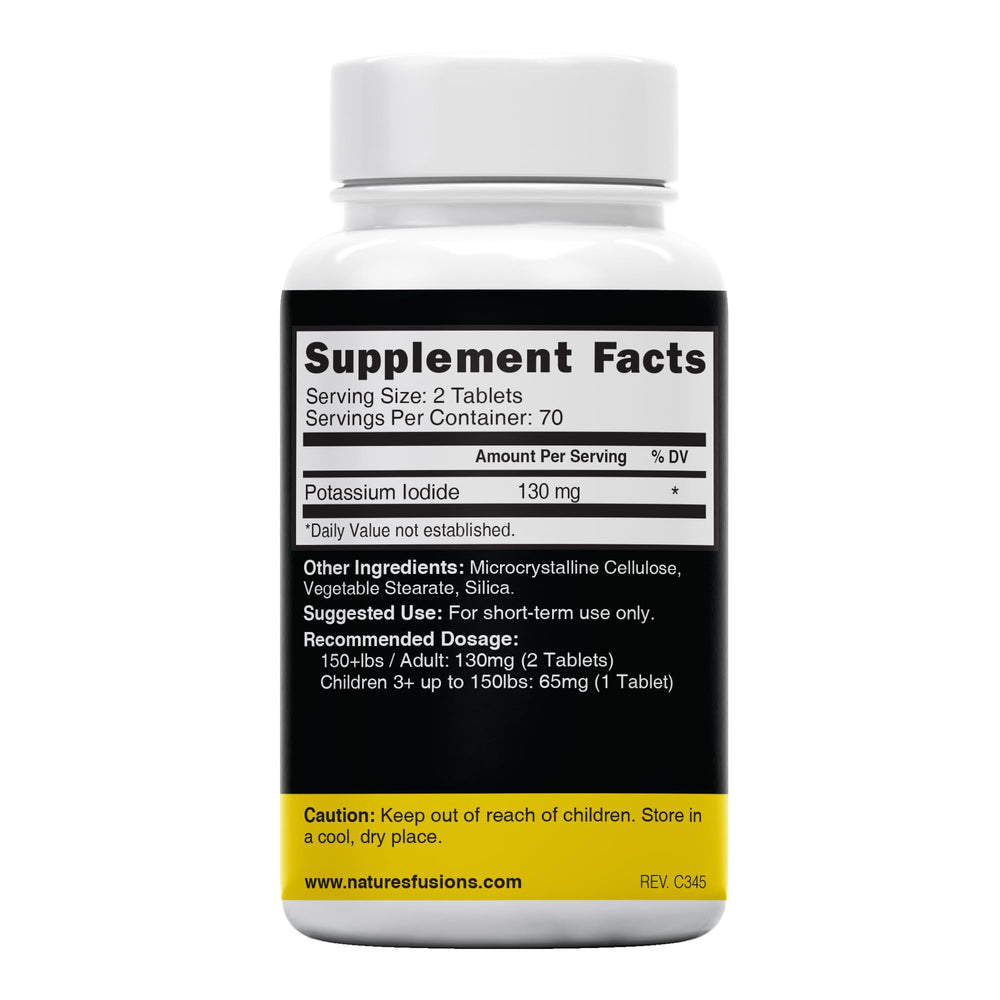 Nature's Fusions potassium iodide tablets packaging, clearly labeled for safe home storage.