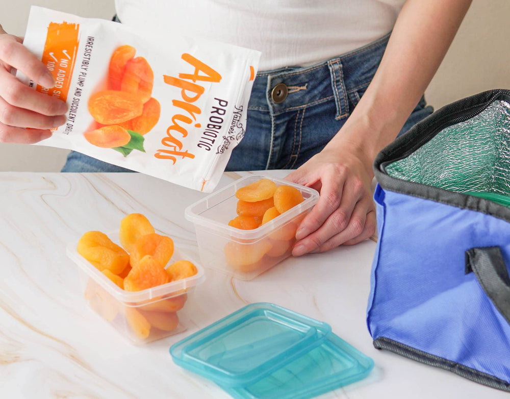 Nutrition panel for Nature's Garden probiotic apricots highlighting vitamins and fiber