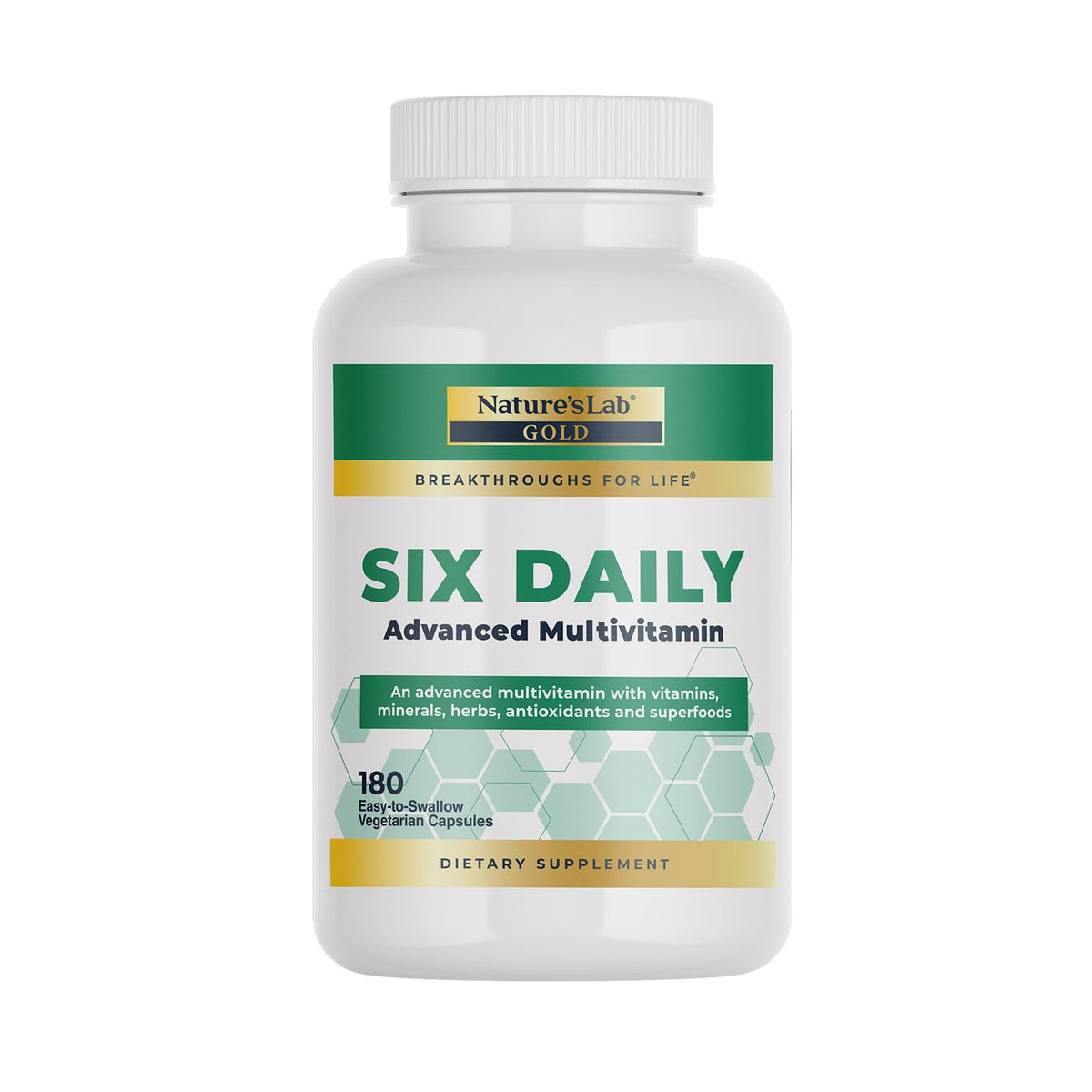 Nature's Lab Six Daily Advanced Multivitamin bottle promotes daily energy and balance.