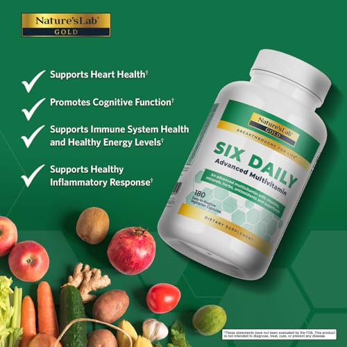Nature's Lab Six Daily capsules showcased for heart, brain, and muscle energy support.