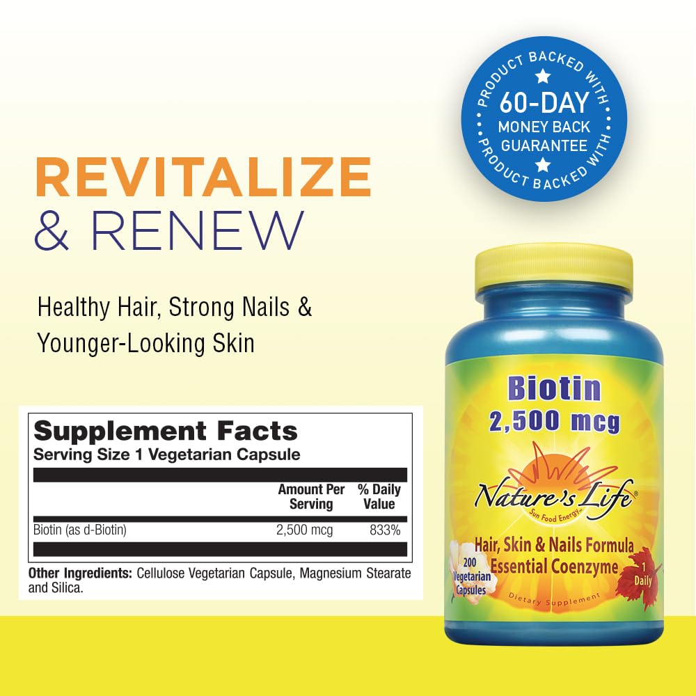 Nature's Life Biotin bottle image highlights keratin support for hair health.