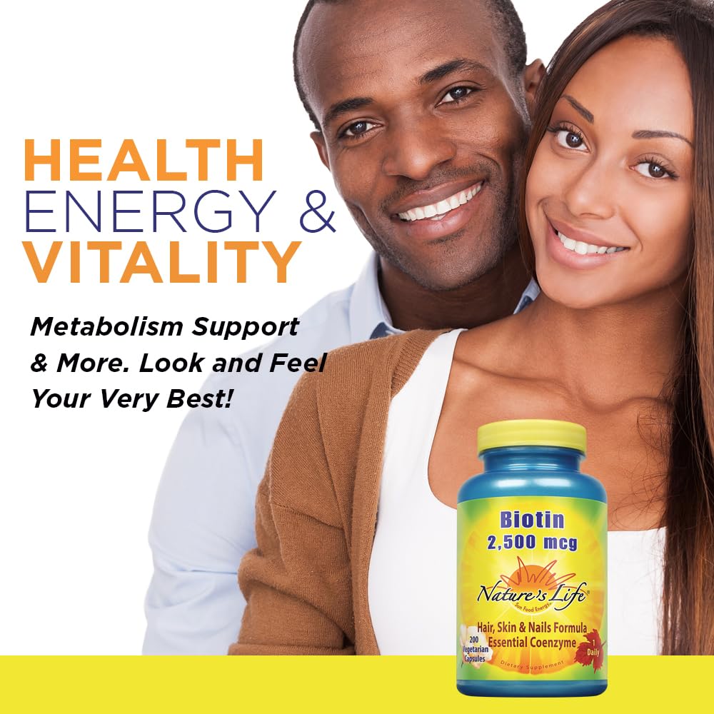Nature's Life Biotin 2500mcg emphasizes potential thicker-looking hair.
