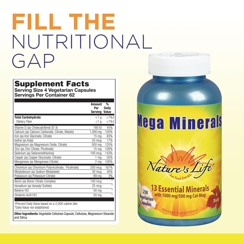 Nature's Life Mega Minerals capsules close-up highlighting vegetarian formula.