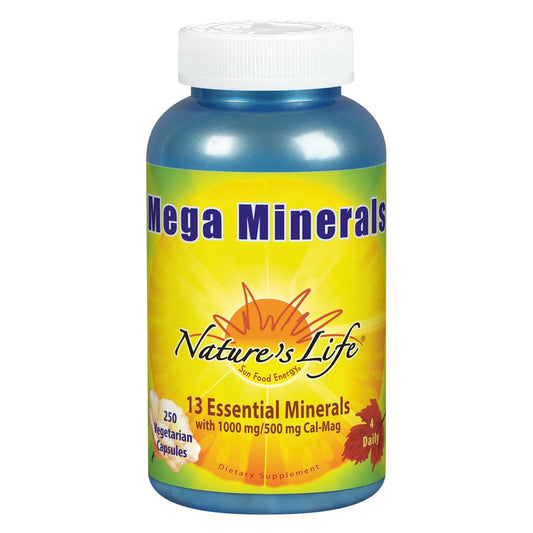 Nature's Life Mega Minerals Complex bottle front for daily mineral support.