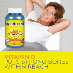 Nature's Life Mega Minerals label shows calcium and vitamin D details.
