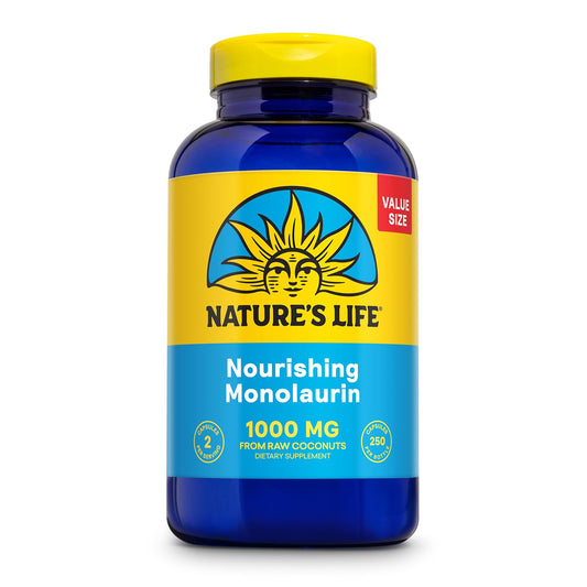 Nature's Life Monolaurin bottle front showing size and branding for daily use