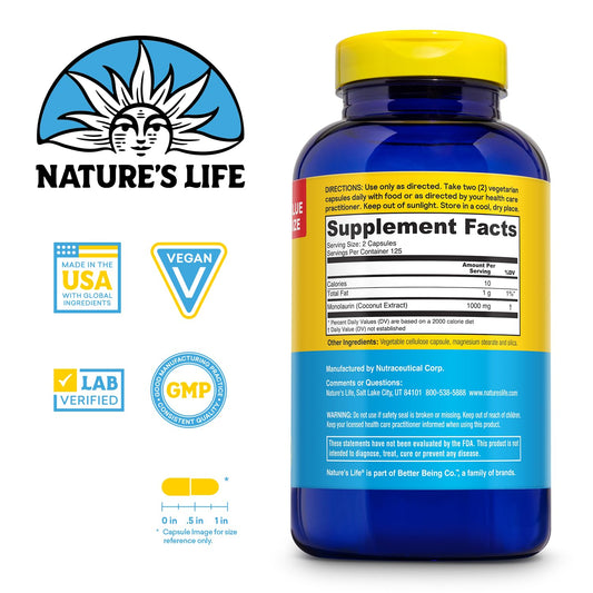 Nature's Life Monolaurin bottle label close-up highlighting dosage and quality