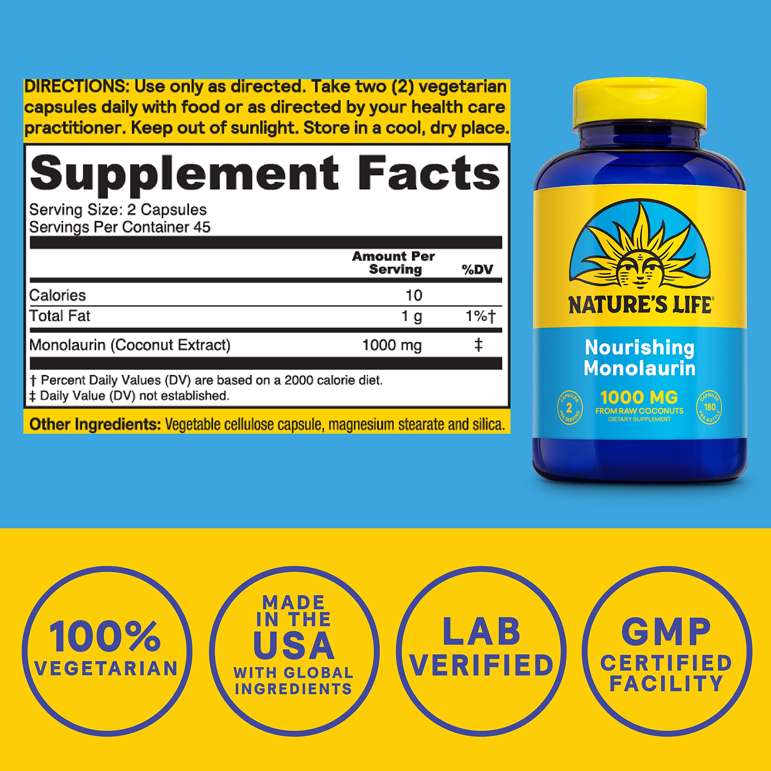 Nature's Life Monolaurin capsules for convenient daily immune and gut wellness.