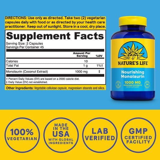 Nature's Life Monolaurin capsules for convenient daily immune and gut wellness.