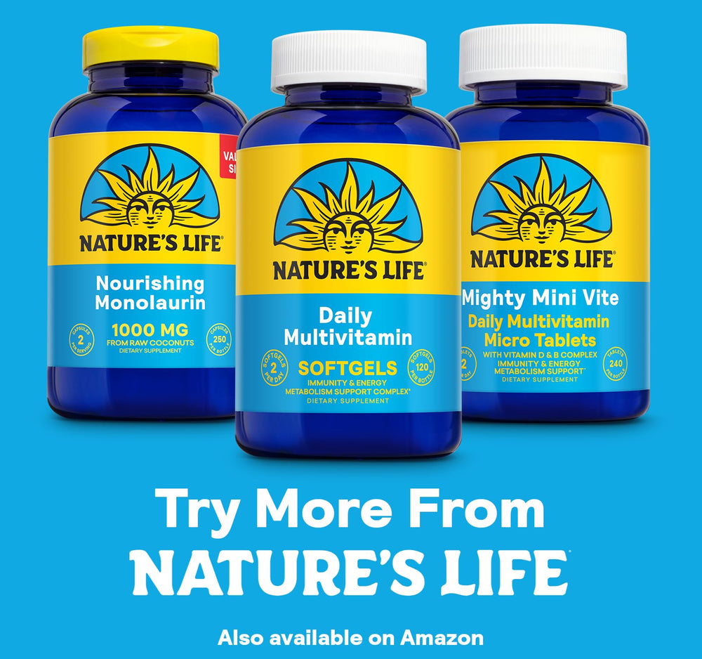 Nature's Life softgel multivitamin bottle on kitchen counter indicates convenient daily routine.