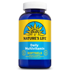 Nature's Life softgel multivitamin bottle on a clean surface supports daily wellness.