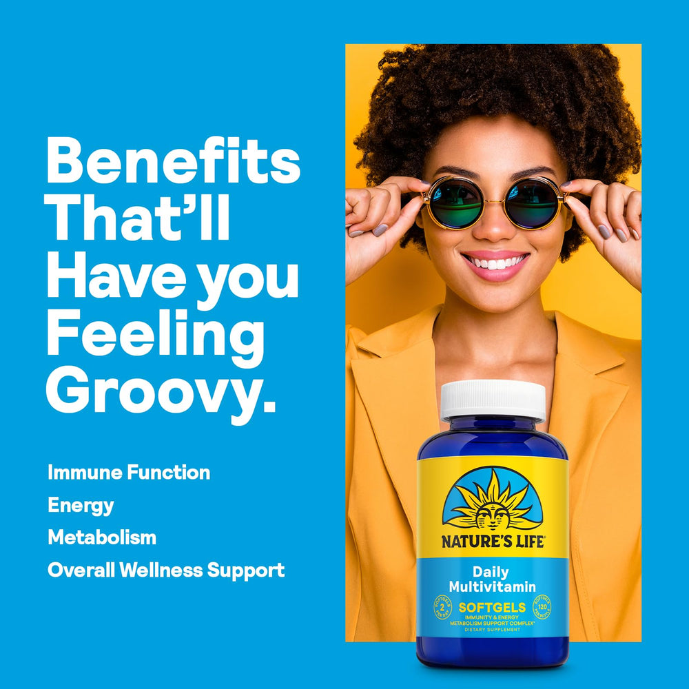 Nature's Life softgel multivitamin closeup label communicates quality and easy absorption.
