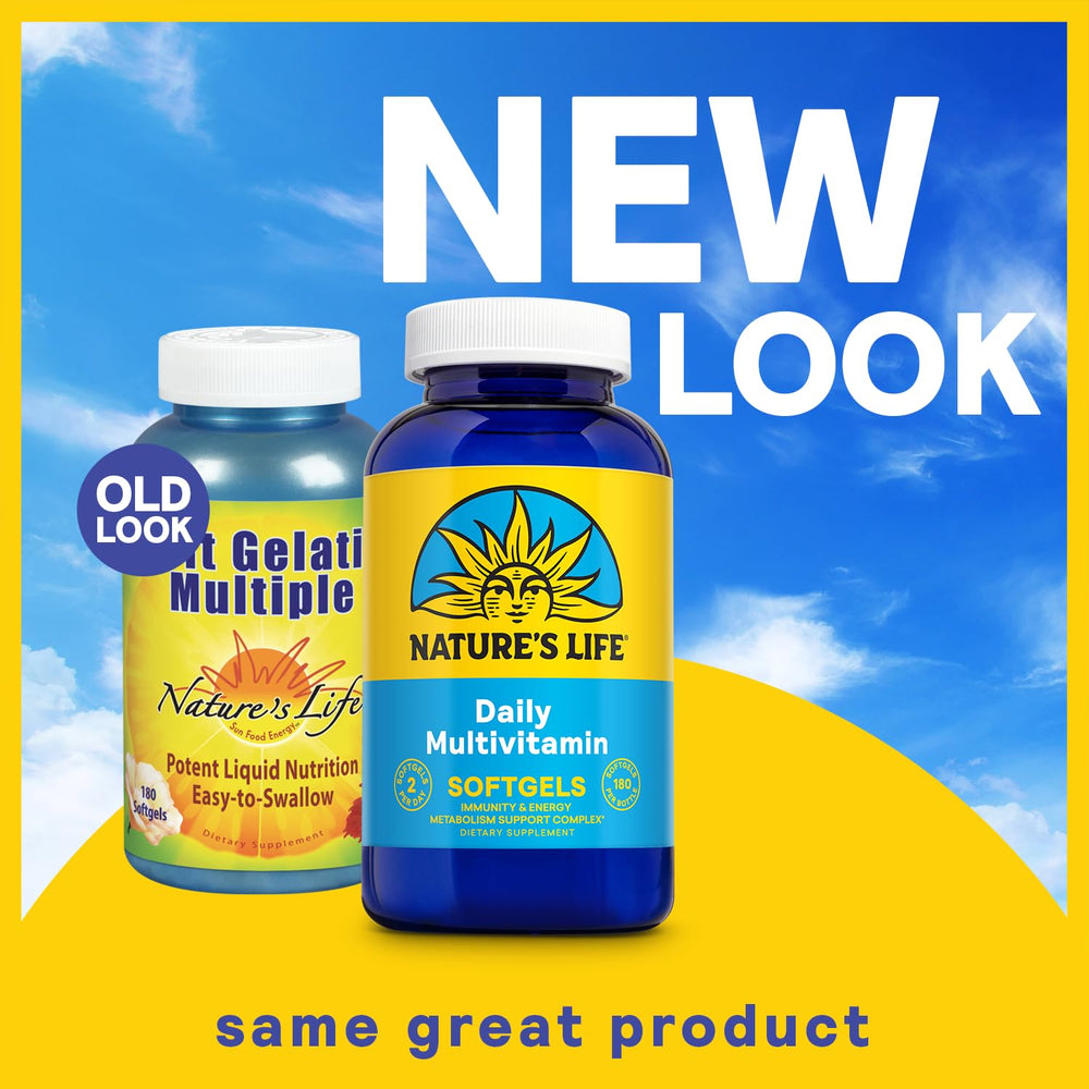Pouring Nature's Life softgel multivitamin capsules displays easy-to-swallow design for daily use.