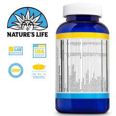 Nutrition facts label on Nature's Life multivitamin highlights essential vitamins and minerals.
