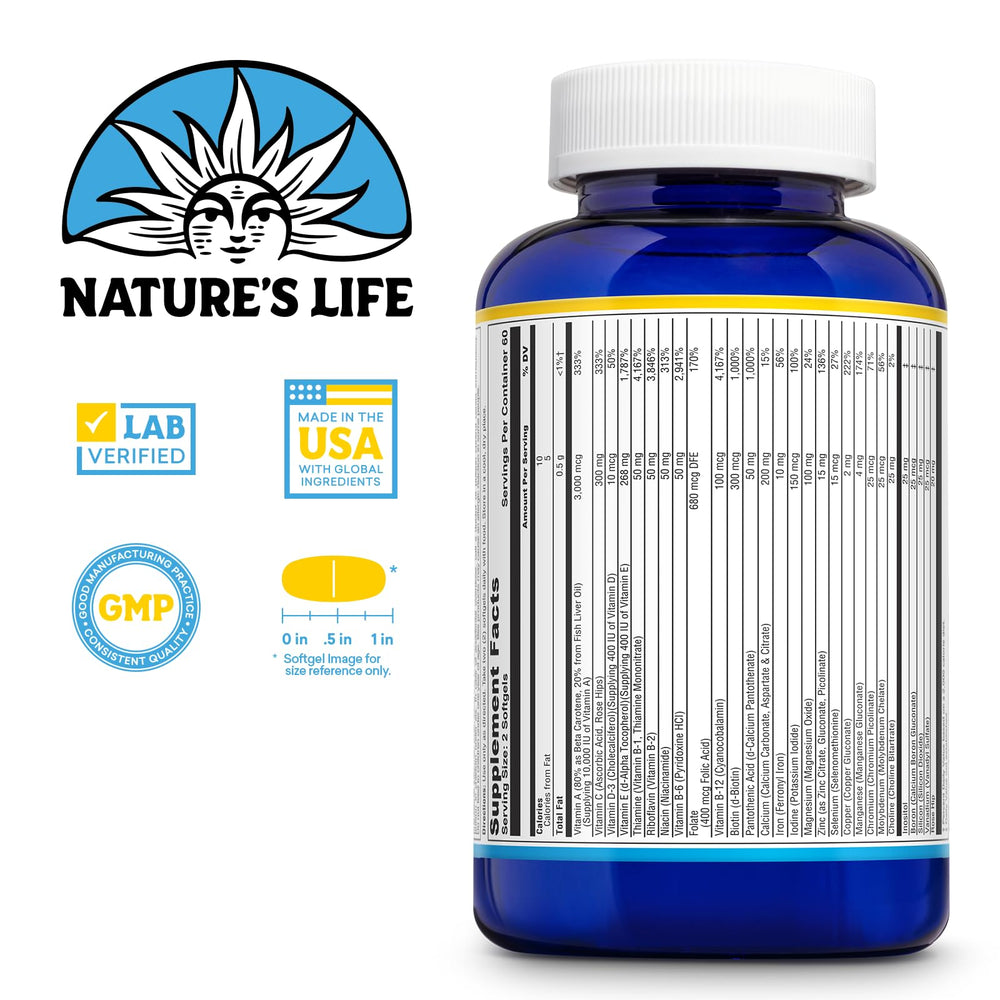 Nature's Life softgel multivitamin softgels in hand show easy swallowing.