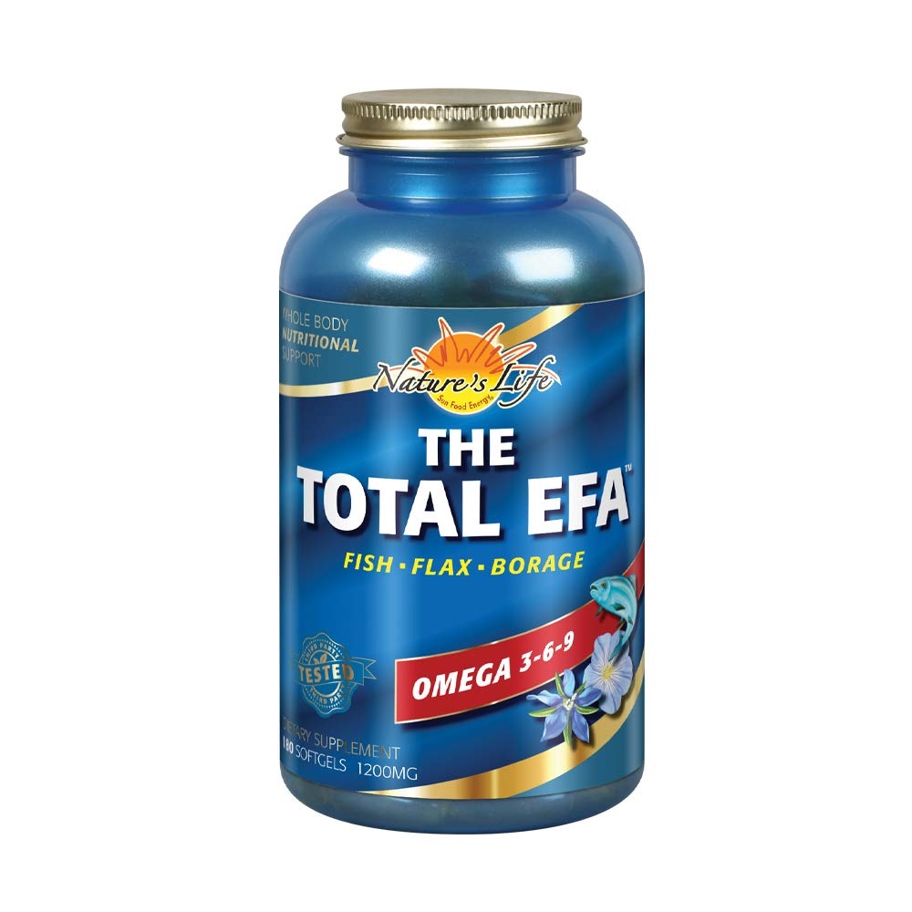 Nature's Life Total EFA bottle label highlights purity and balanced fatty acids.