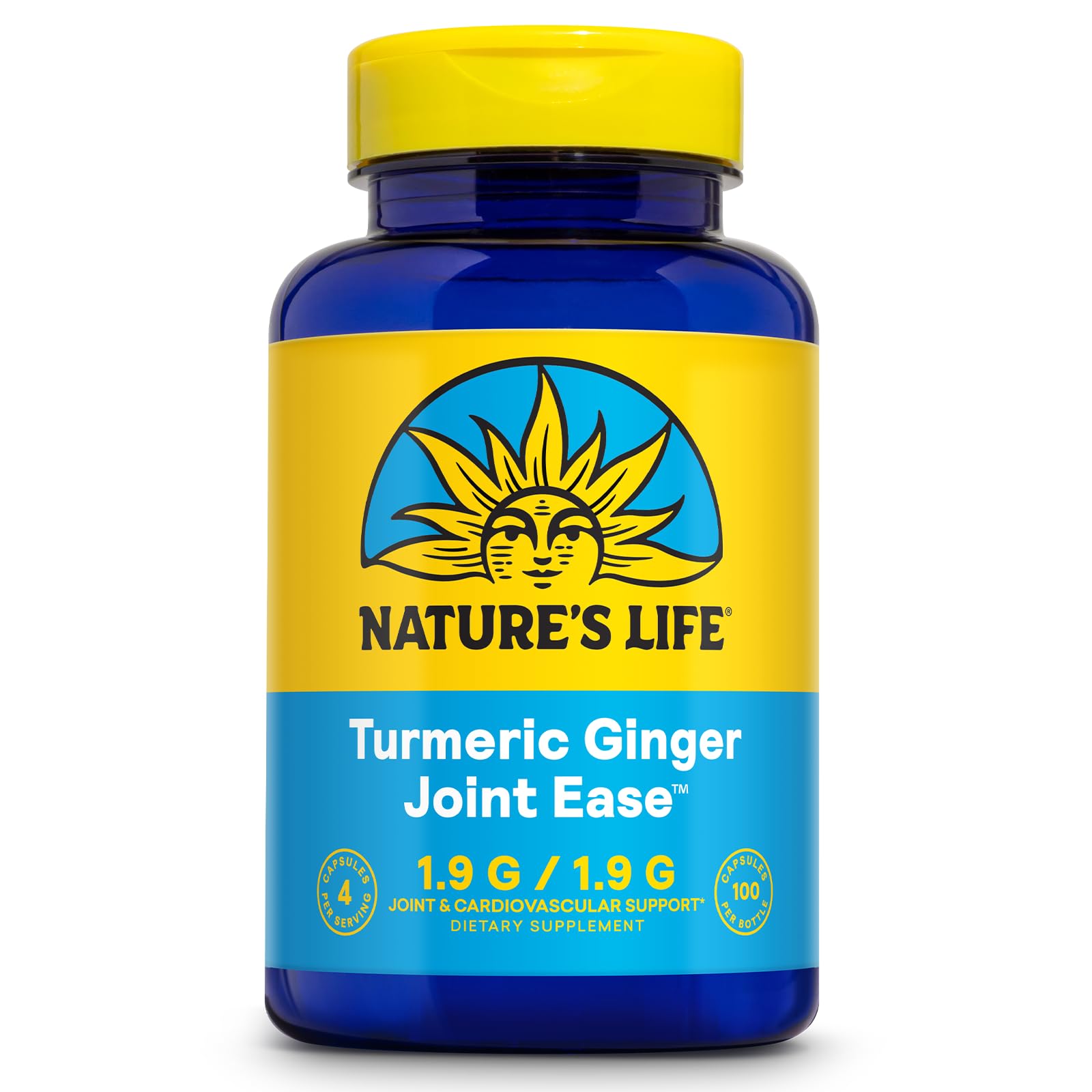 Nature's Life Turmeric Ginger Joint Ease bottle label highlights joint support.
