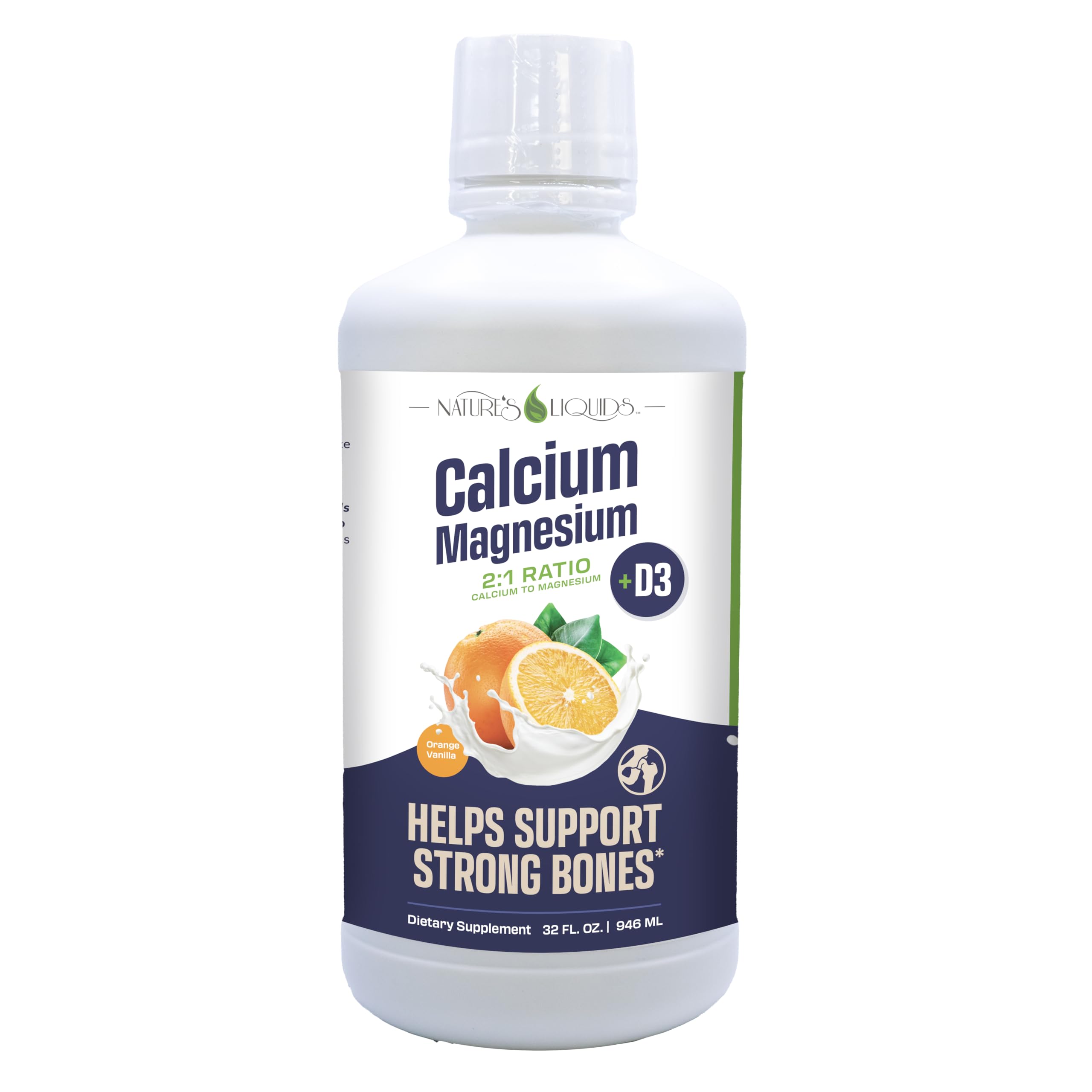 Nature's Liquids calcium magnesium bottle highlights bone-supporting formula