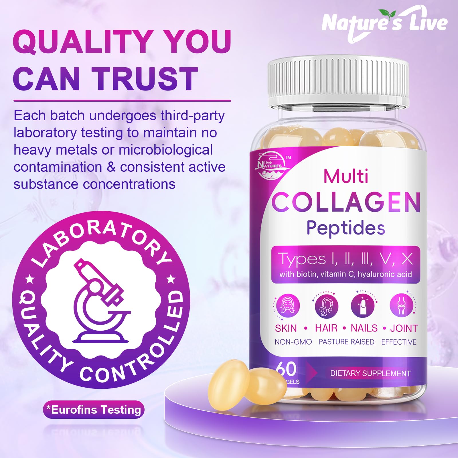 Nature's Live biotin, vitamin C, and hyaluronic acid capsule close-up with added nutrients.