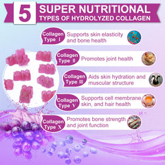 Nature's live collagen gummies ingredients jar; highlights multiple collagen types.