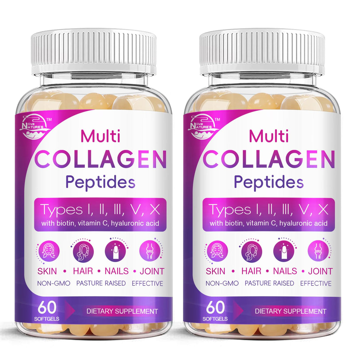 Nature's Live multi collagen softgel bottle showing a complete skin, hair and nail support formula.