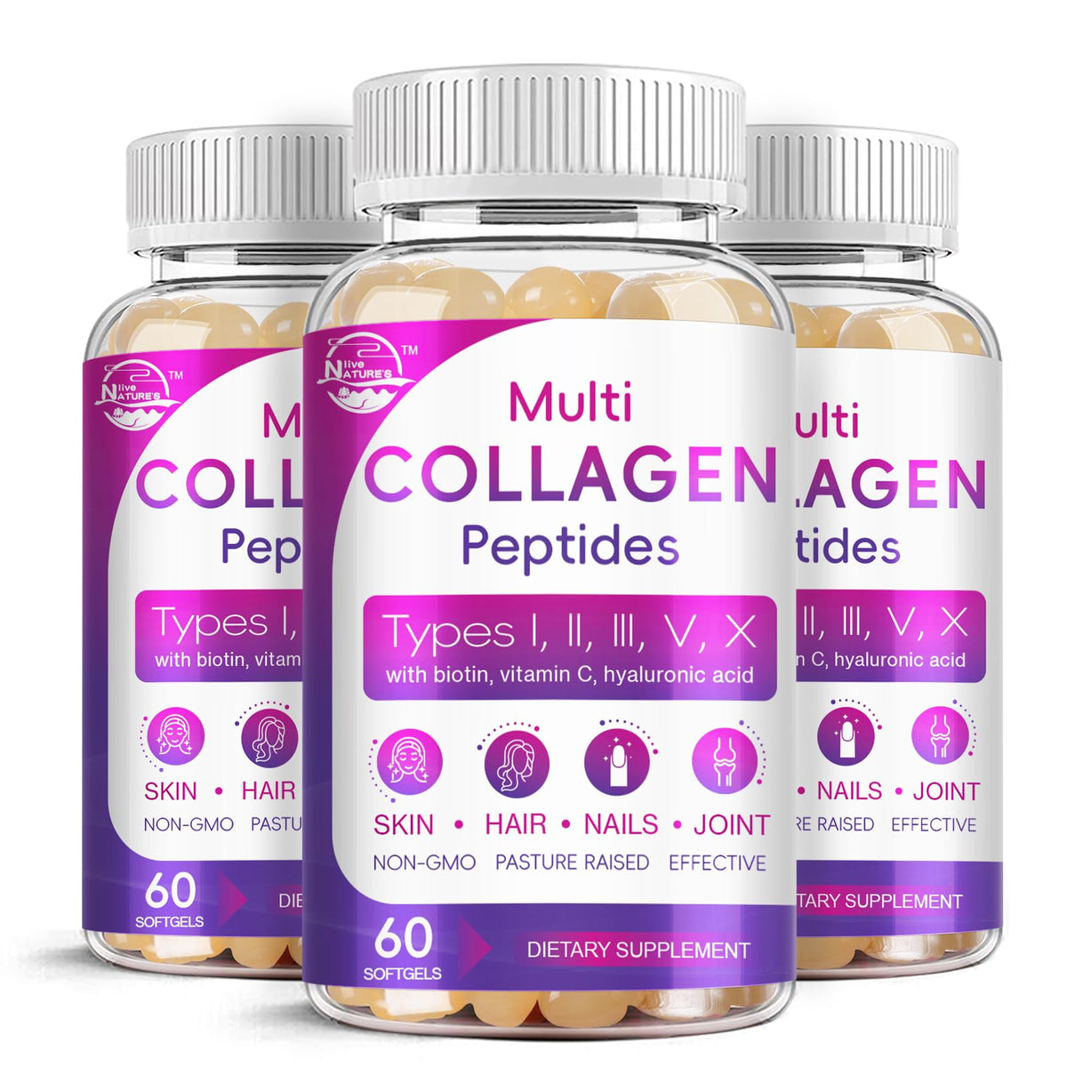 Nature's live Multi Collagen Softgels bottle front for skin, hair and nails support.