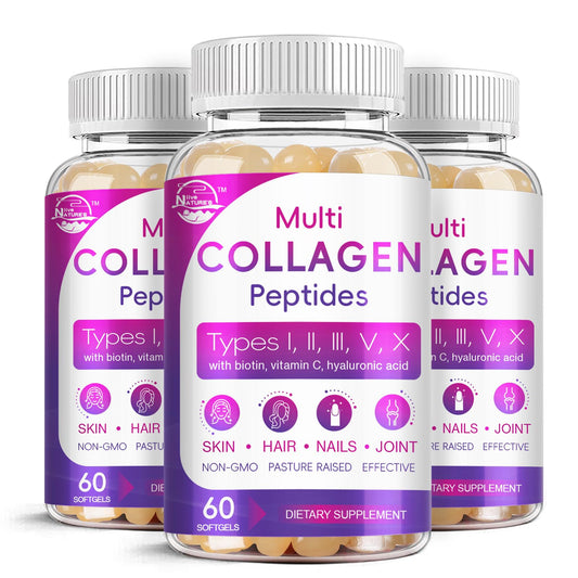 Nature's live Multi Collagen Softgels bottle front for skin, hair and nails support.