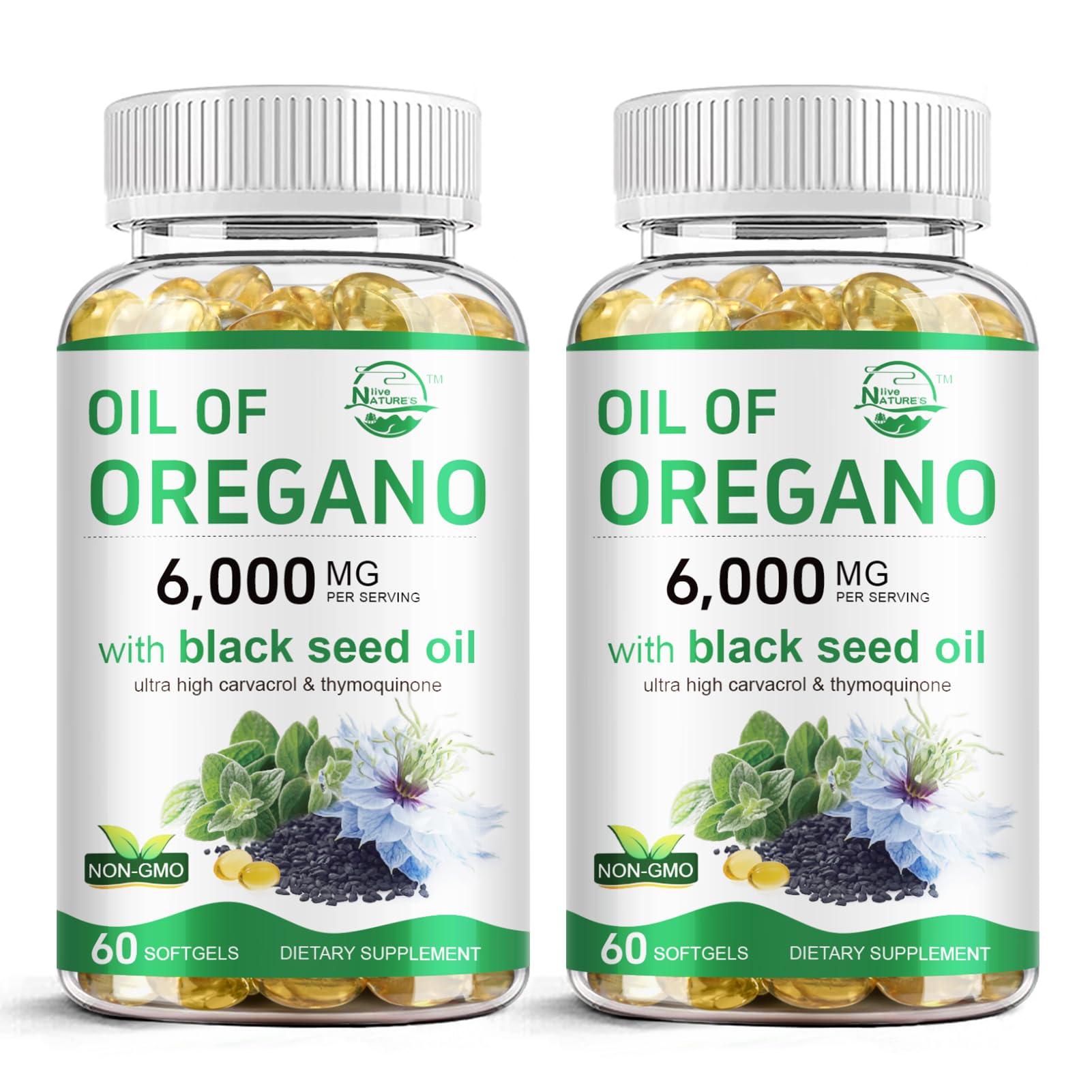 Nature's live Oil of Oregano with Black Seed Oil softgels bottle highlighted for immune support