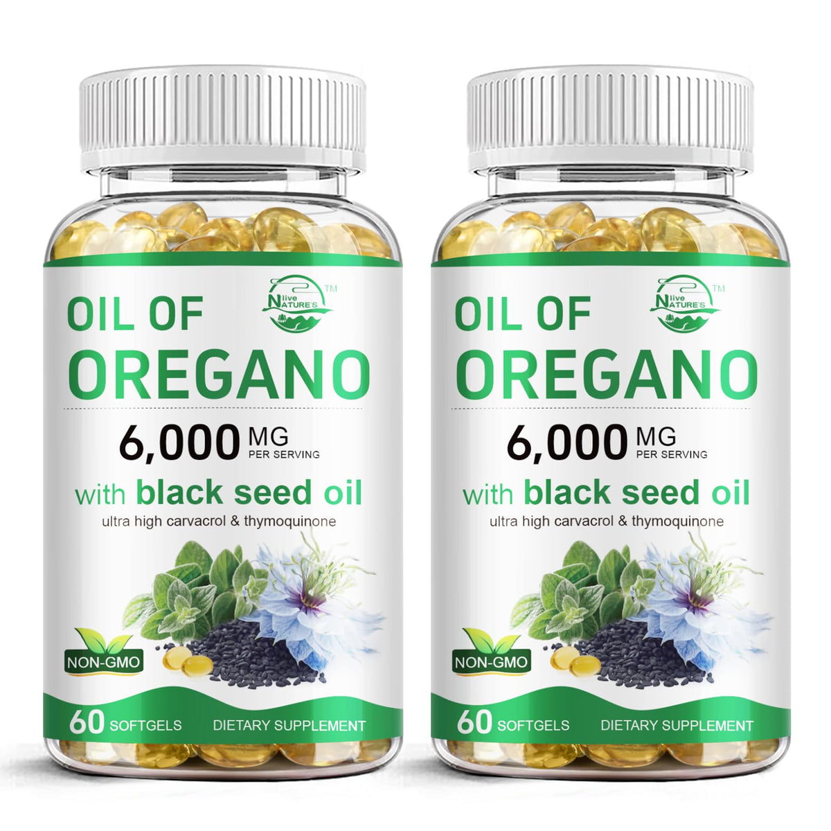 Nature's live Oil of Oregano with Black Seed Oil softgels bottle highlighted for immune support
