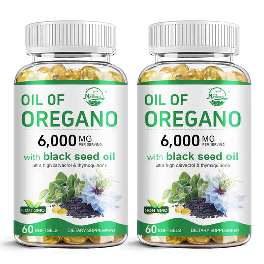 Nature's live Oil of Oregano with Black Seed Oil softgels bottle highlighted for immune support
