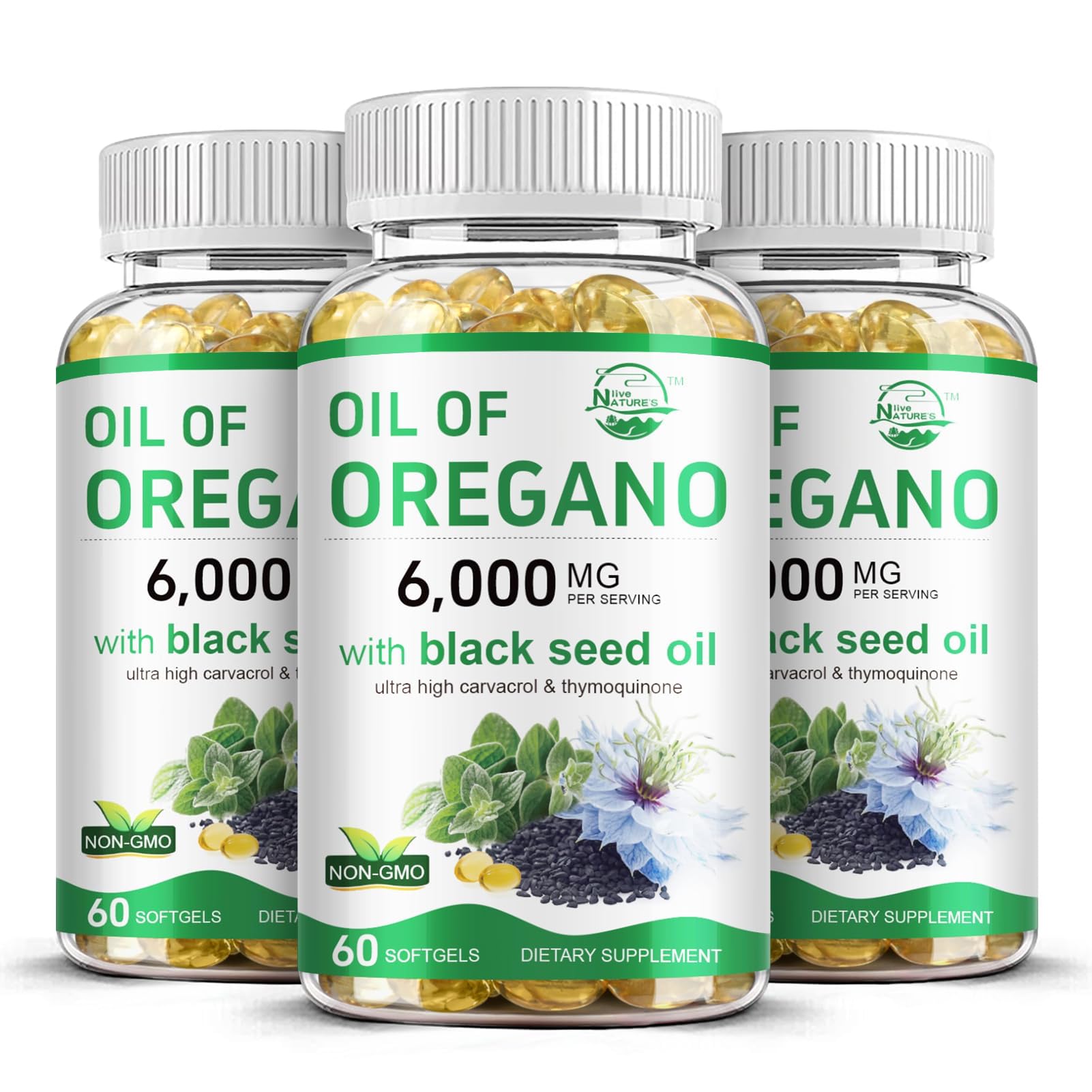Nature's live Oil of Oregano with Black Seed Softgel bottle showcases immune-support packaging.