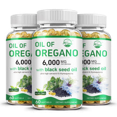 Nature's live Oil of Oregano with Black Seed Softgel bottle showcases immune-support packaging.