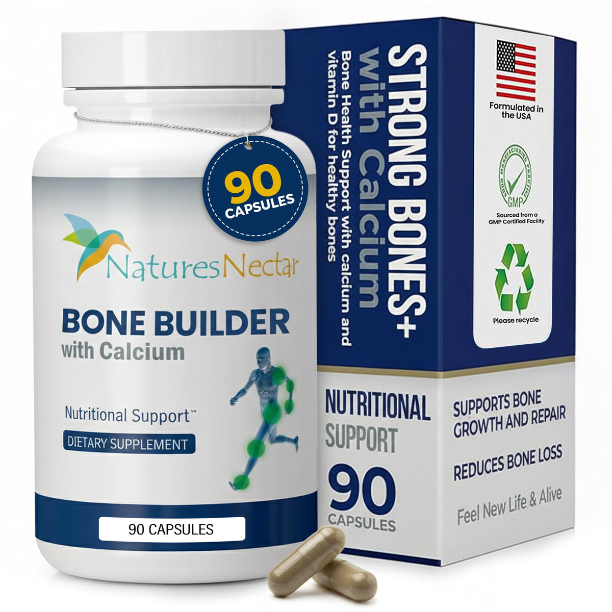 Nature's Nectar bone and joint capsules close-up highlighting the capsule design and formula
