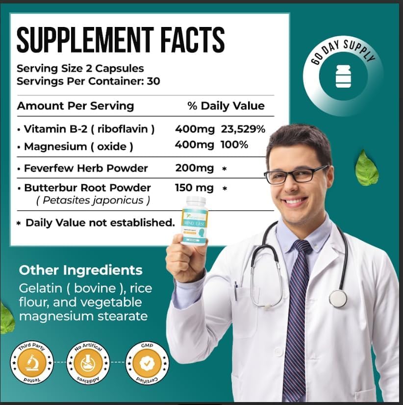 Nature's Nectar Migraine Prevention capsules close-up highlighting high-potency riboflavin