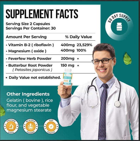 Nature's Nectar Migraine Prevention capsules close-up highlighting high-potency riboflavin