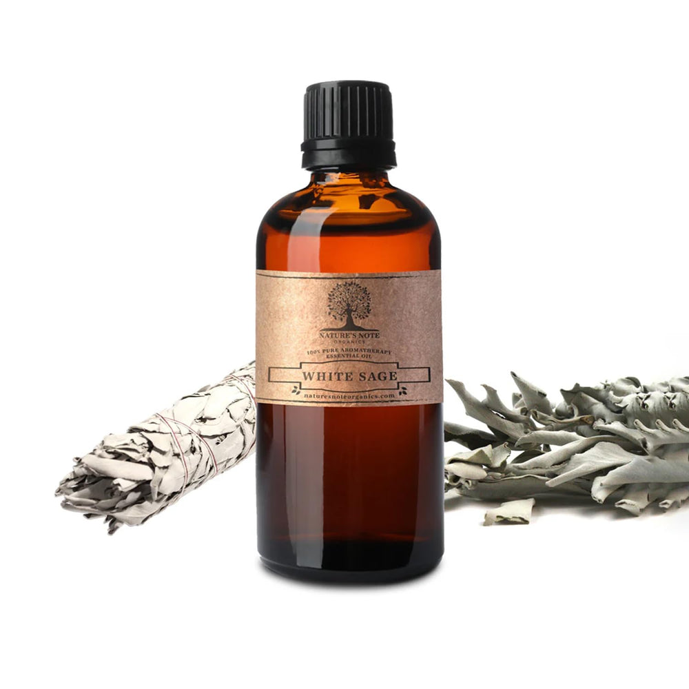 Nature's Note White Sage essential oil amber bottle for long-lasting scent and purity.