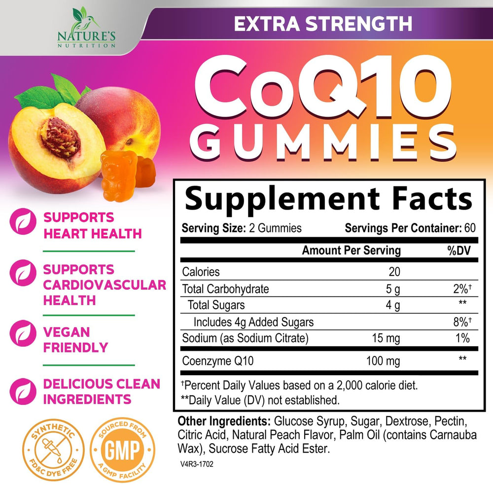 Nature's Nutrition CoQ10 Gummies peach flavor close-up highlighting vegan formula