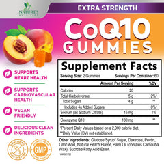 Nature's Nutrition CoQ10 Gummies peach flavor close-up highlighting vegan formula