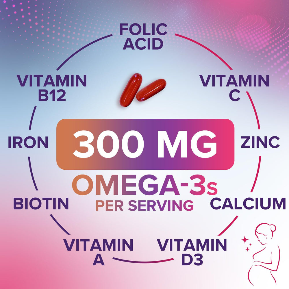 Nature's Nutrition prenatal bottle with DHA information card emphasizing nutrients