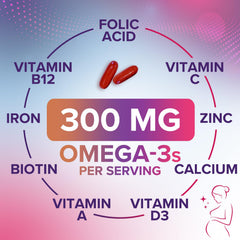 Nature's Nutrition prenatal bottle with DHA information card emphasizing nutrients