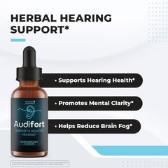 Audifort Drops herbal liquid bottle highlighting grape seed and ginseng ingredients