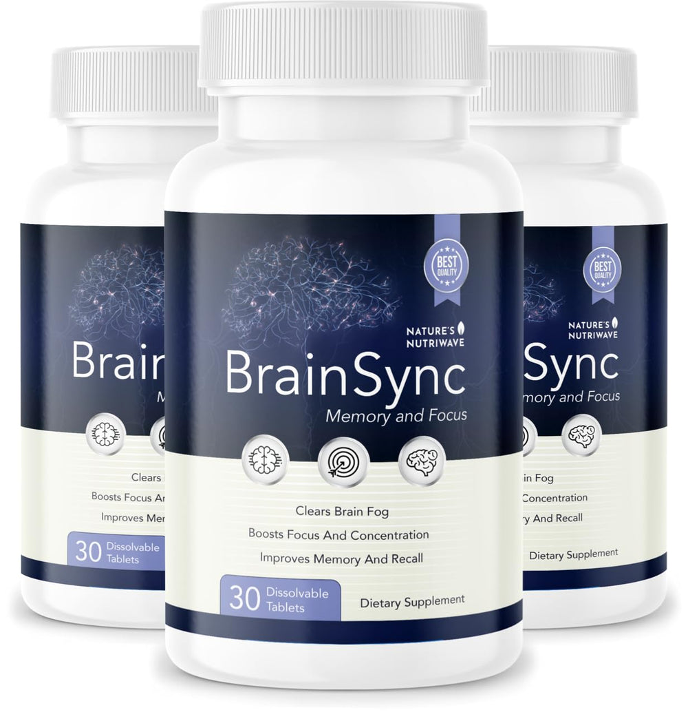 Nature's NutriWave BrainSync dissolving tablet in bottle for daily wellness.