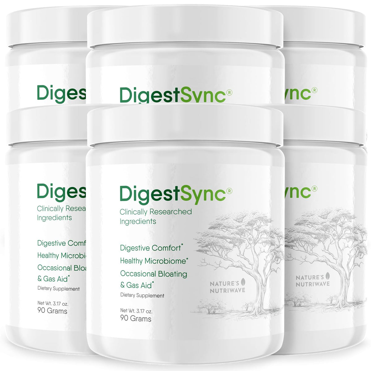Nature's NutriWave DigestSync powder tub supports gut comfort and easy blend into beverages.