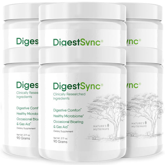 Nature's NutriWave DigestSync powder tub supports gut comfort and easy blend into beverages.