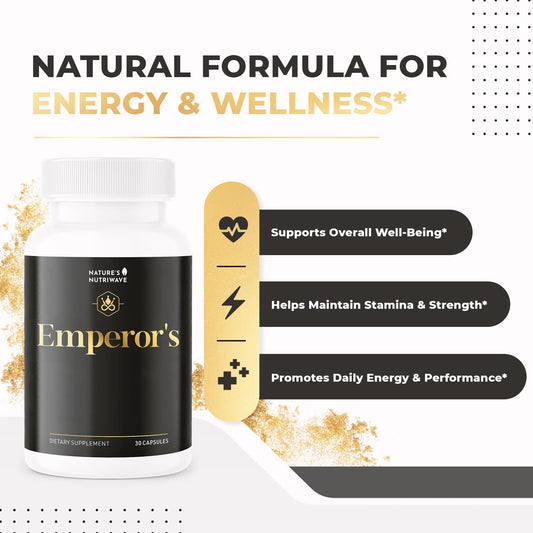 Emperor’s Vigor capsules close-up highlighting easy-to-swallow dosage for daily use.