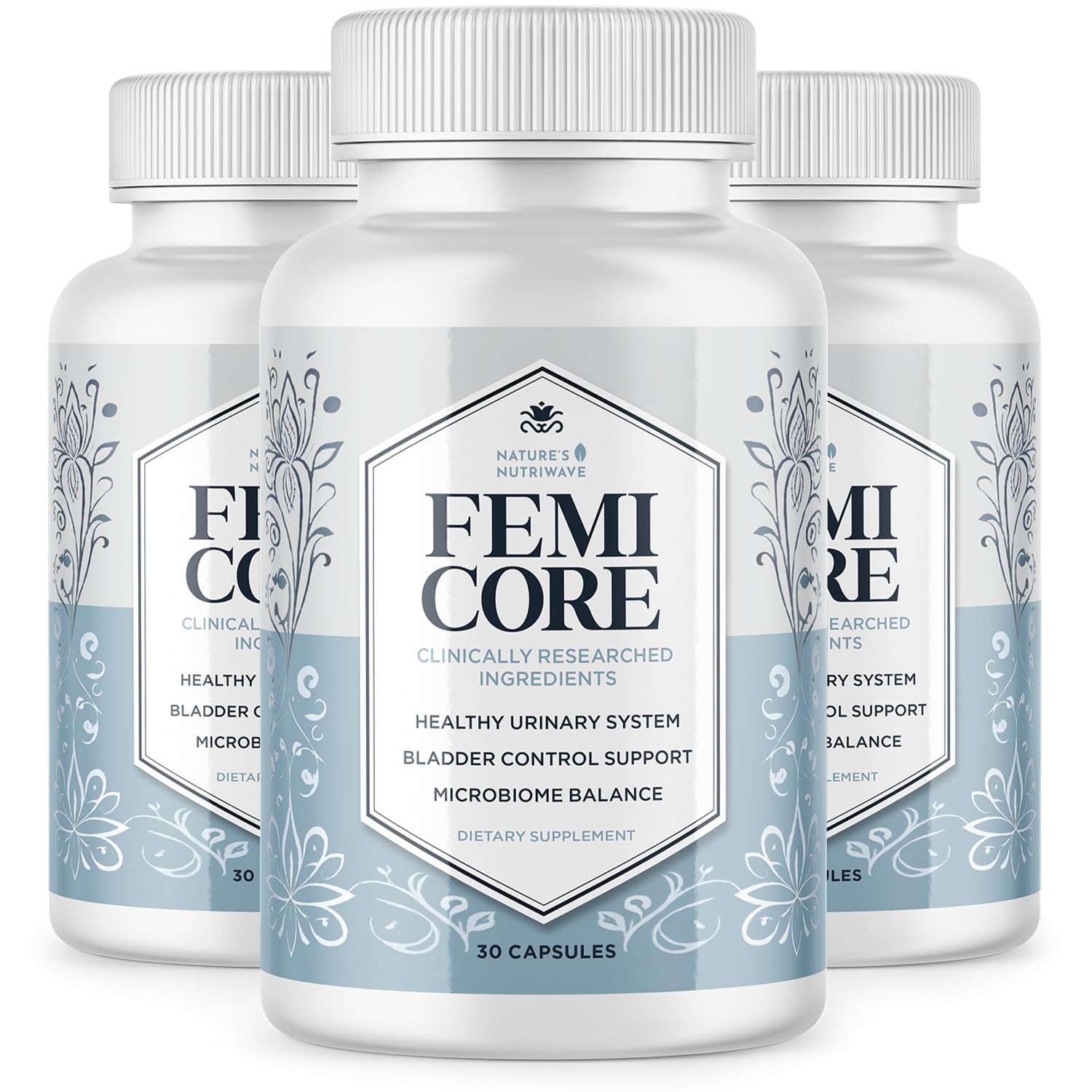 Nature’s NutriWave FemiCore bottle close-up, clean daily-use supplement for women.