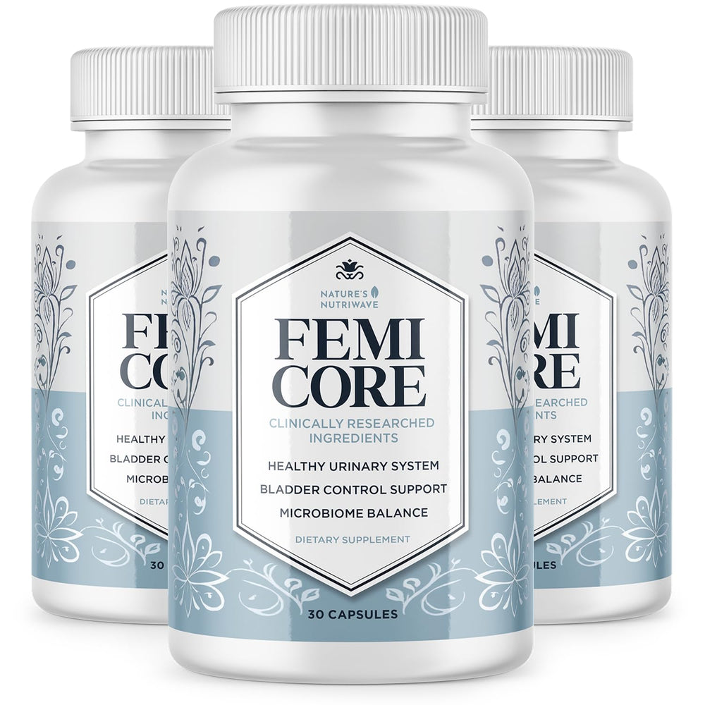 Nature’s NutriWave FemiCore bottle close-up, clean daily-use supplement for women.