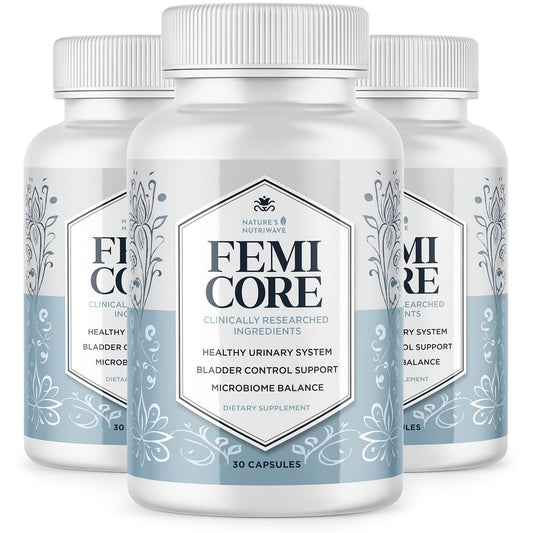 Nature’s NutriWave FemiCore bottle close-up, clean daily-use supplement for women.