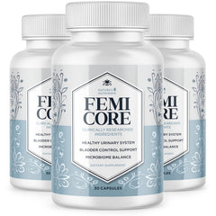 Nature’s NutriWave FemiCore bottle close-up, clean daily-use supplement for women.