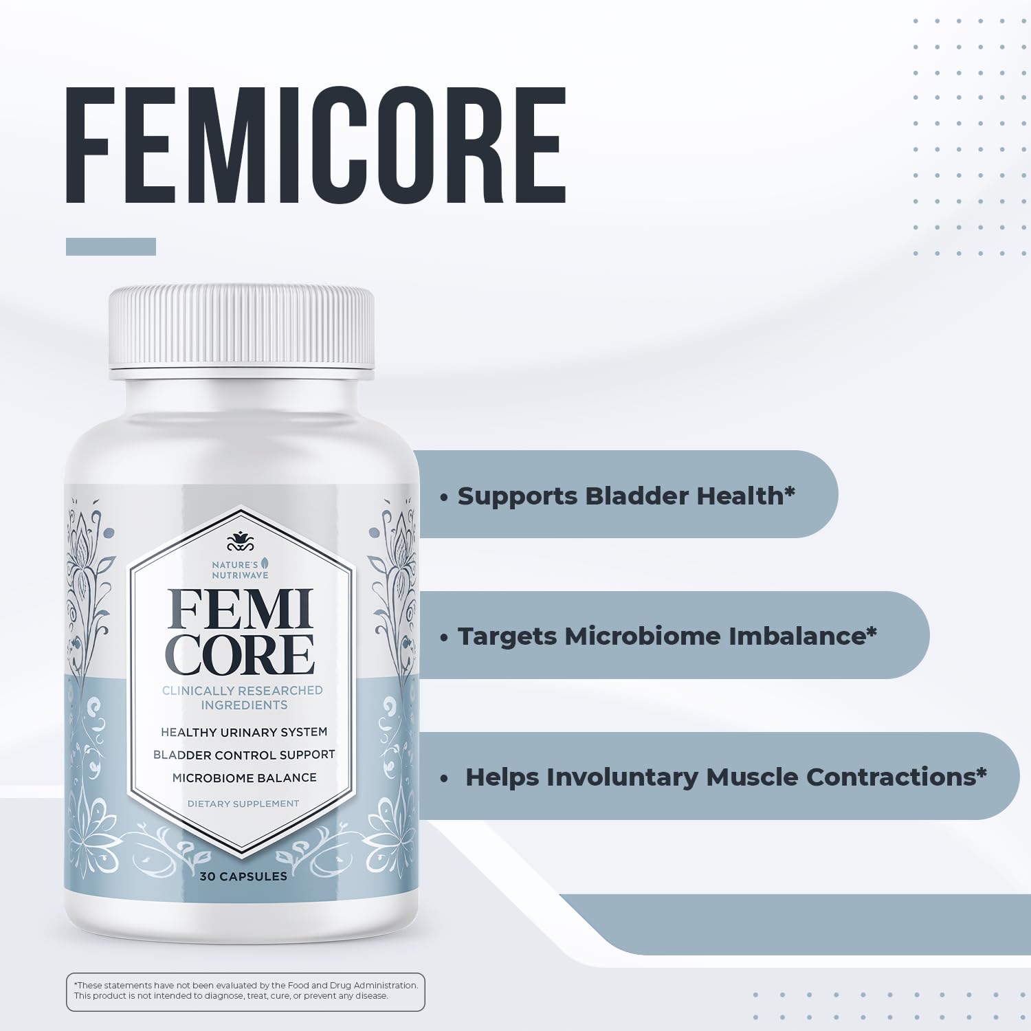 Nature’s NutriWave FemiCore capsule displaying probiotic blend for everyday wellness.